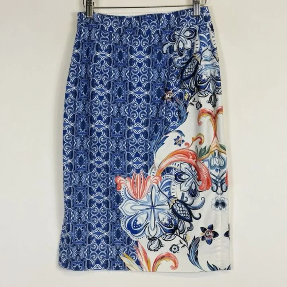 Moulinette Soeurs Pencil‎ Skirt Womens 2 Blue Floral Art Deco Boho Mediterranean